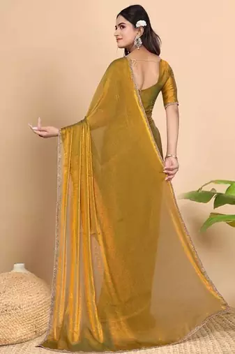 gold satin blend saree with embroidered lace border