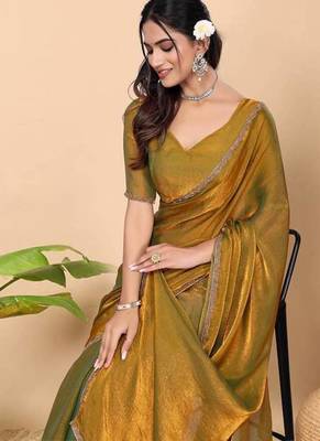 gold satin blend saree with embroidered lace border 4