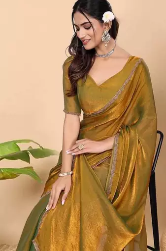 gold satin blend saree with embroidered lace border