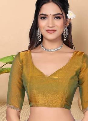 gold satin blend saree with embroidered lace border 5