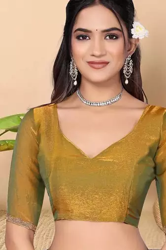 gold satin blend saree with embroidered lace border