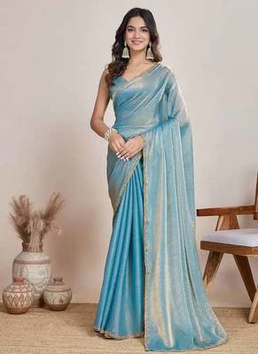 blue chiffon blend saree with designer lace border work 1