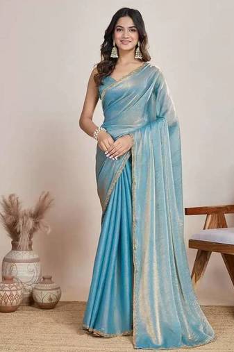 blue chiffon blend saree with designer lace border work