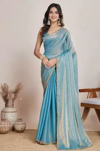 blue chiffon blend saree with designer lace border work