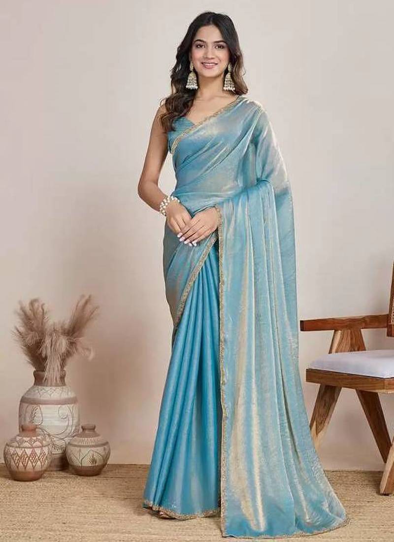 blue chiffon blend saree with designer lace border work