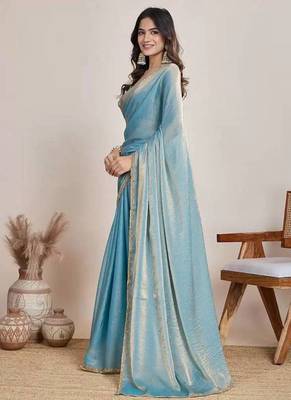 blue chiffon blend saree with designer lace border work 2