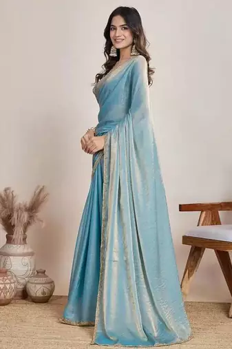 blue chiffon blend saree with designer lace border work