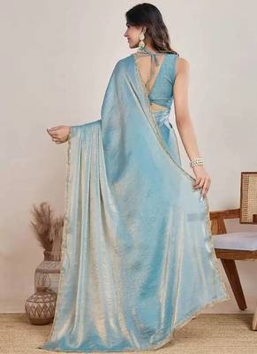 blue chiffon blend saree with designer lace border work 3