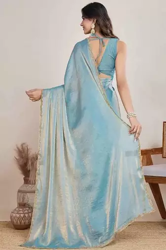 blue chiffon blend saree with designer lace border work
