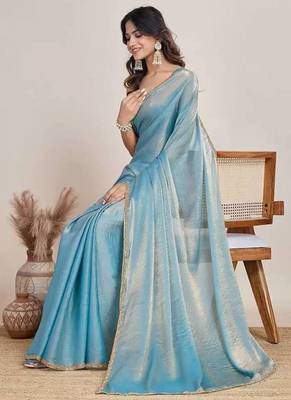 blue chiffon blend saree with designer lace border work 4
