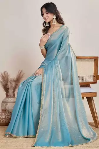 blue chiffon blend saree with designer lace border work