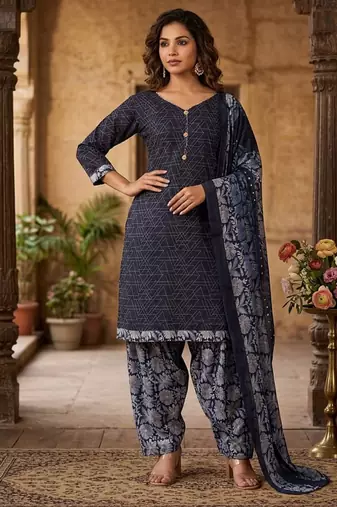 Blue printed cotton blend stitched geometric print salwar kurta dupatta for women