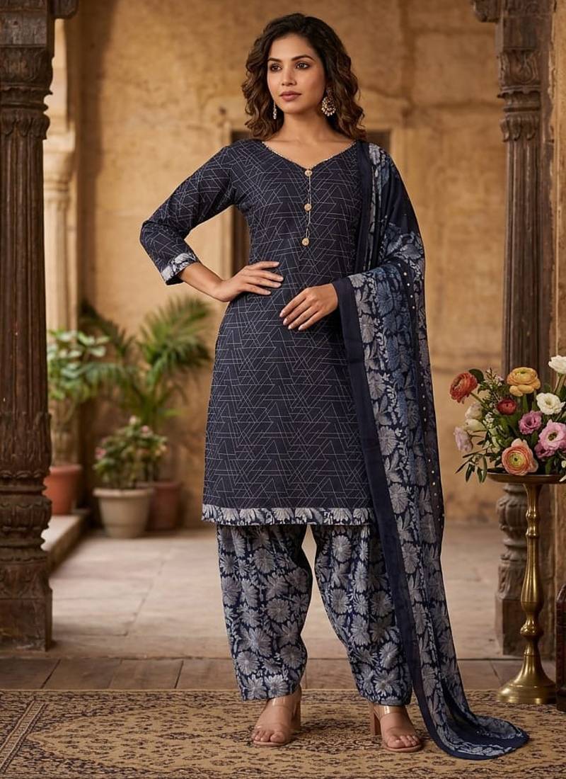 Blue printed cotton blend stitched geometric print salwar kurta dupatta for women