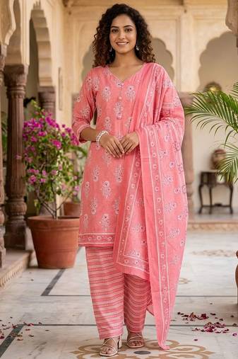 Prach printed cotton blend stitched floral print salwar kurta dupatta for women