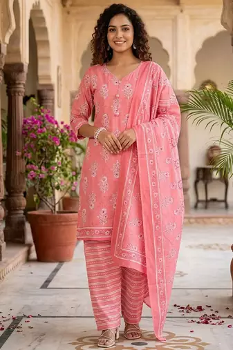 Prach printed cotton blend stitched floral print salwar kurta dupatta for women