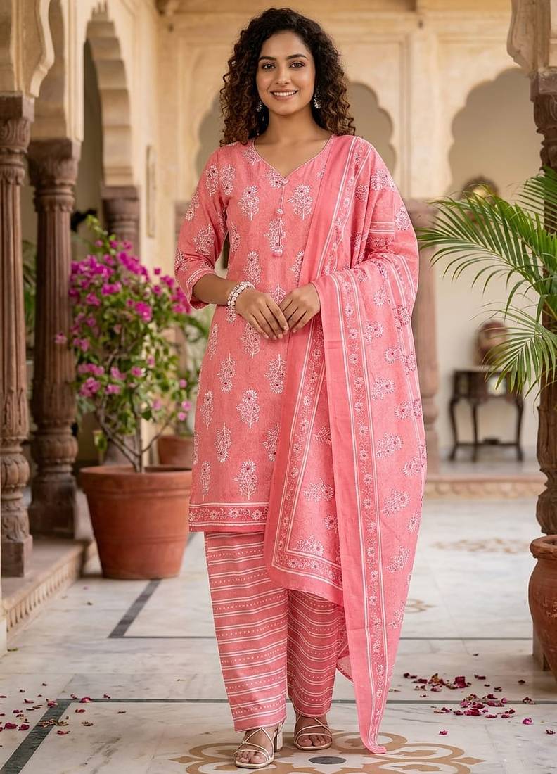 Prach printed cotton blend stitched floral print salwar kurta dupatta for women