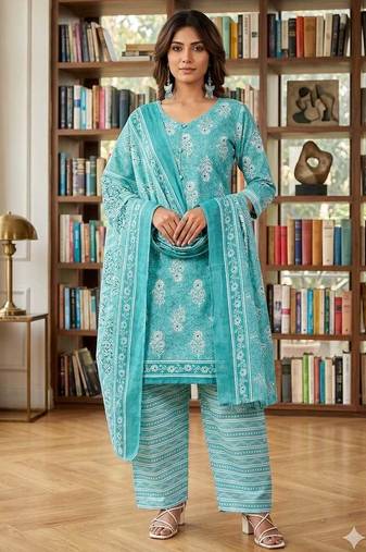 Blue printed cotton blend stitched floral print salwar kurta dupatta for women