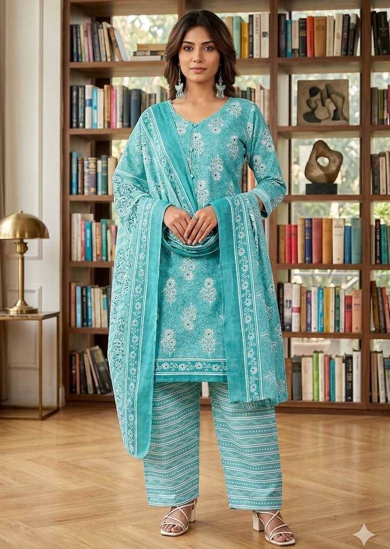 Blue printed cotton blend stitched floral print salwar kurta dupatta for women