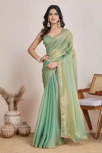 green satin chiffon saree with embroidered border