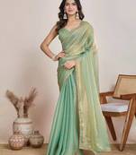 green satin chiffon saree with embroidered border