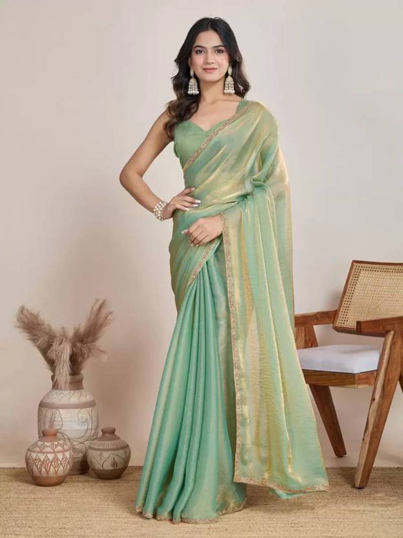 green satin chiffon saree with embroidered border