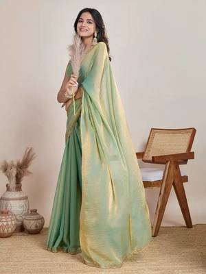 green satin chiffon saree with embroidered border 2