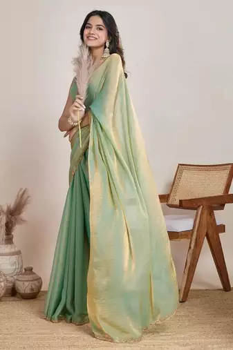 green satin chiffon saree with embroidered border