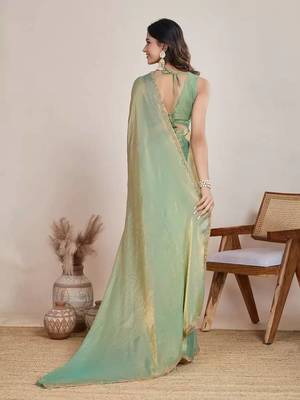 green satin chiffon saree with embroidered border 3