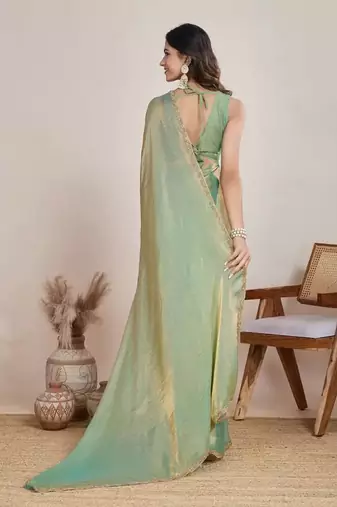 green satin chiffon saree with embroidered border