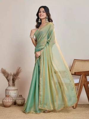 green satin chiffon saree with embroidered border 4