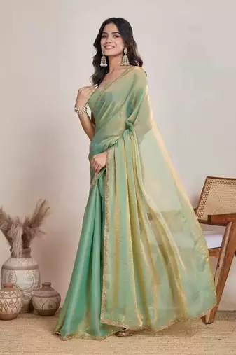 green satin chiffon saree with embroidered border