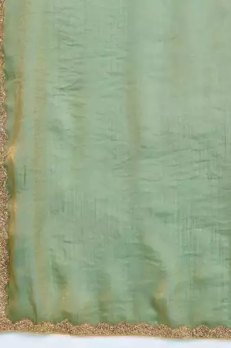 green satin chiffon saree with embroidered border