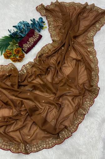 Coffee Color  Embroidery Work Georgette Saree