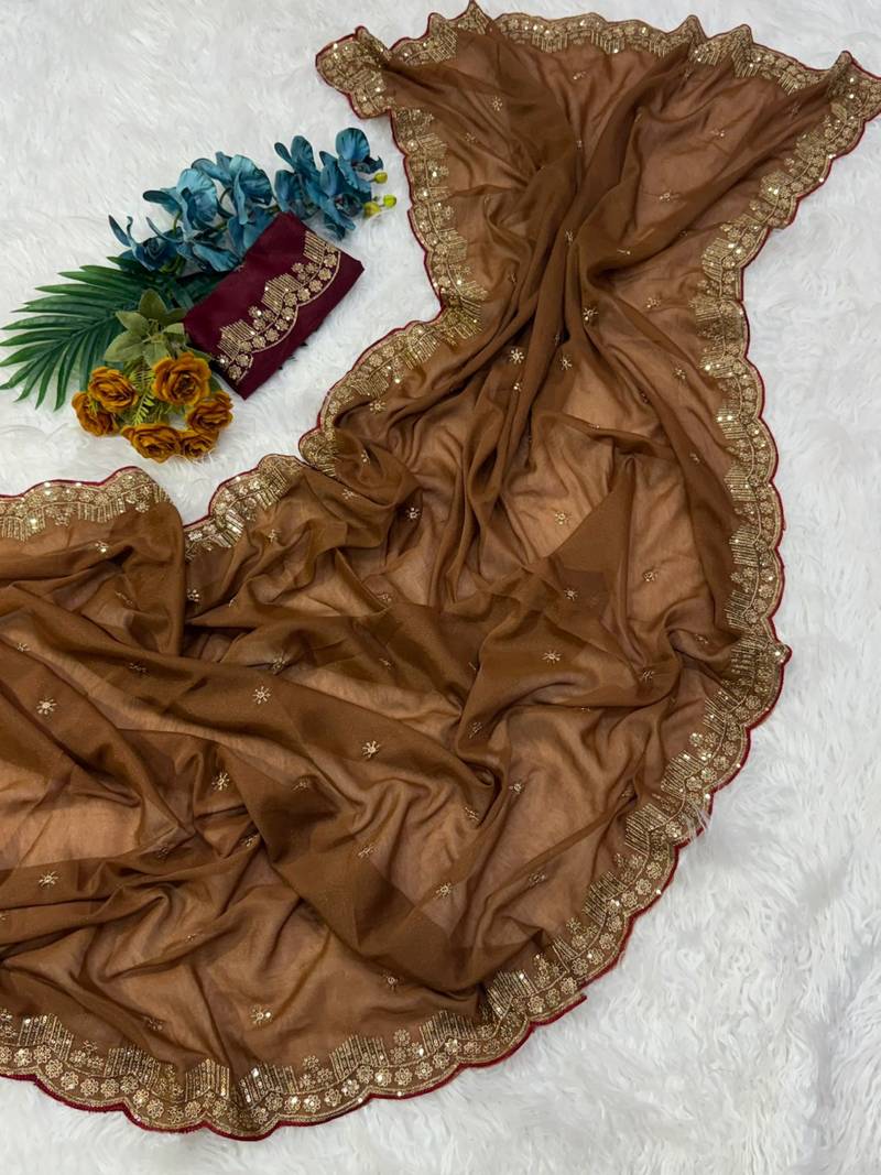 Coffee Color  Embroidery Work Georgette Saree