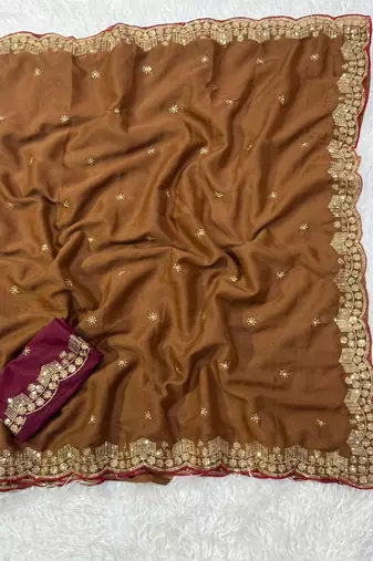coffee georgette saree with embroidery sequin work