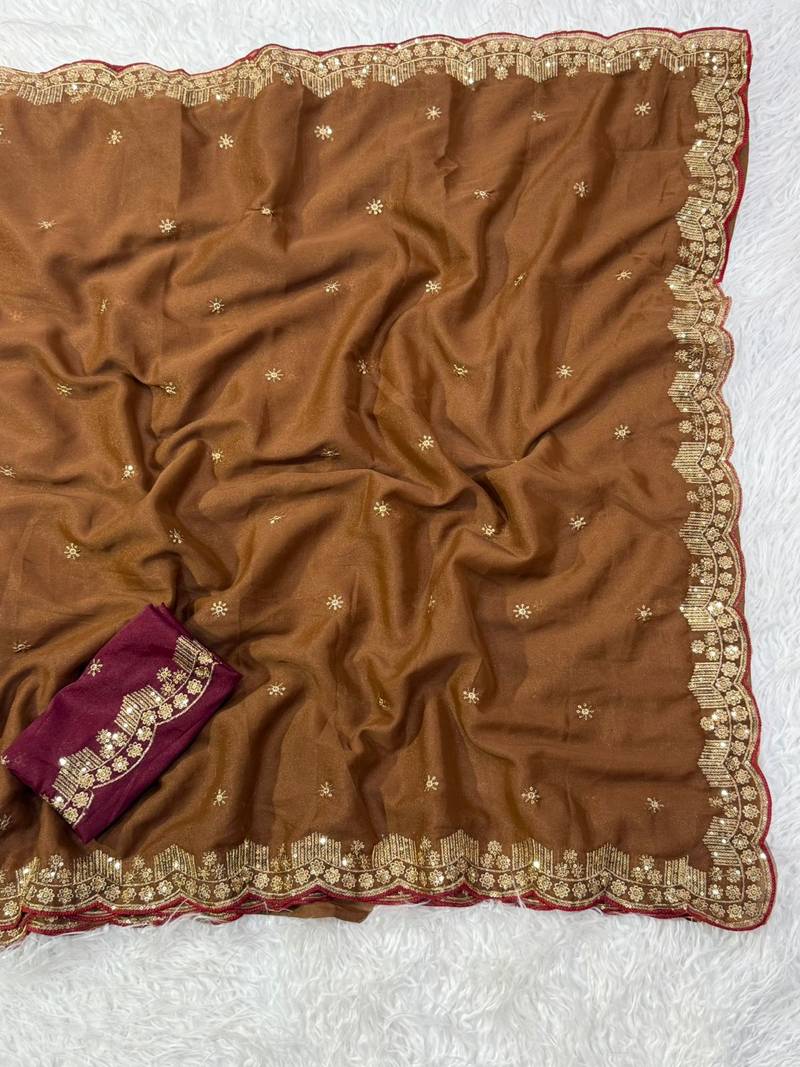 Coffee Color  Embroidery Work Georgette Saree