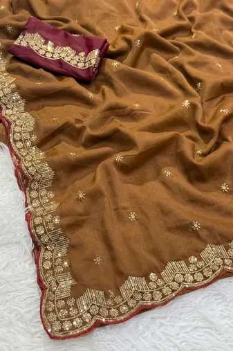 coffee georgette saree with embroidery sequin work
