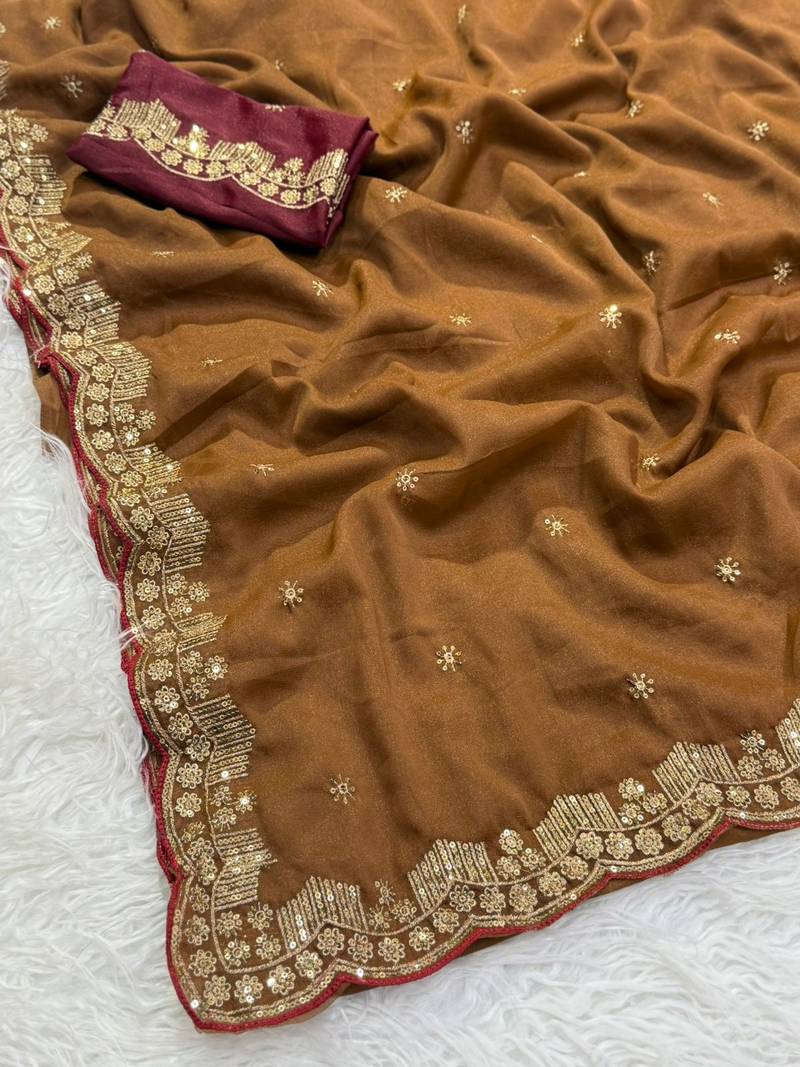 Coffee Color  Embroidery Work Georgette Saree