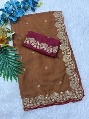 coffee georgette saree with embroidery sequin work 4