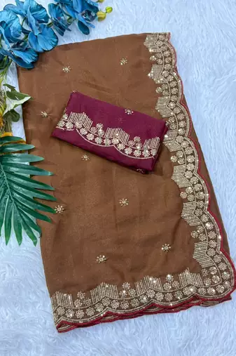 coffee georgette saree with embroidery sequin work