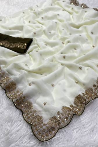 White Color  Embroidery Work Georgette Saree