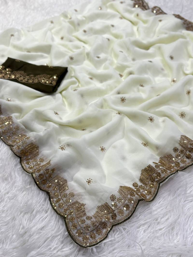 White Color  Embroidery Work Georgette Saree