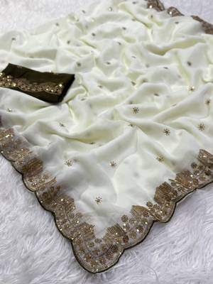 white georgette saree with embroidery sequin work 1