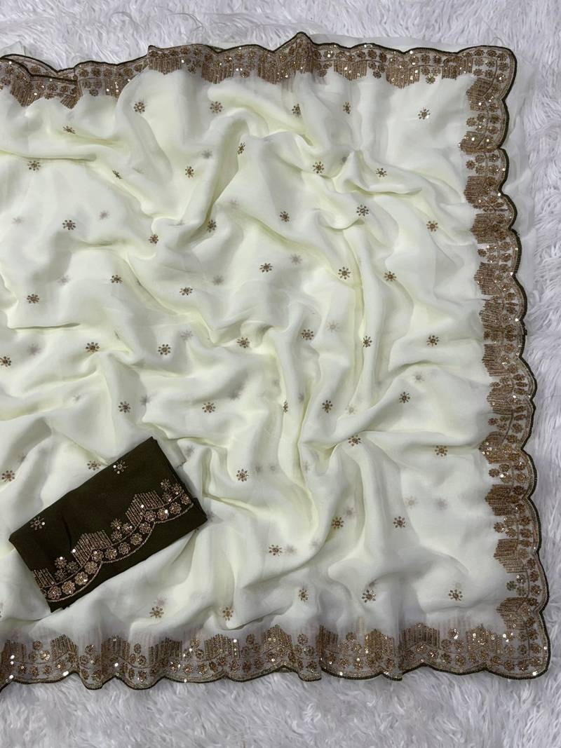 White Color  Embroidery Work Georgette Saree