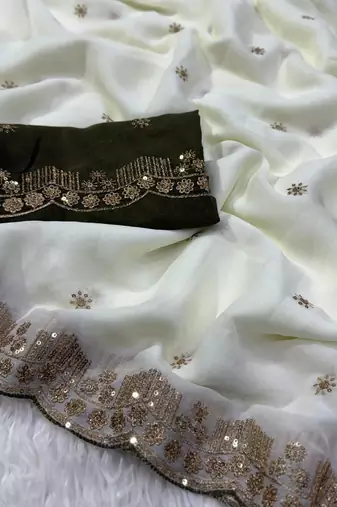 white georgette saree with embroidery sequin work