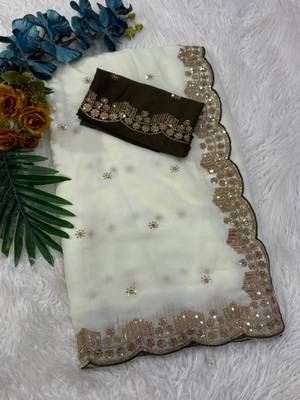 white georgette saree with embroidery sequin work 4