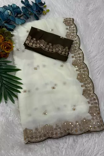white georgette saree with embroidery sequin work