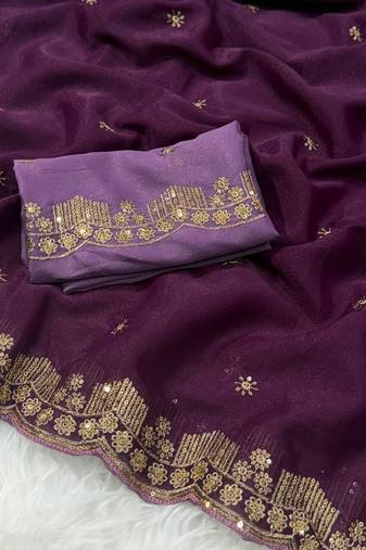 Plum Color  Embroidery Work Georgette Saree