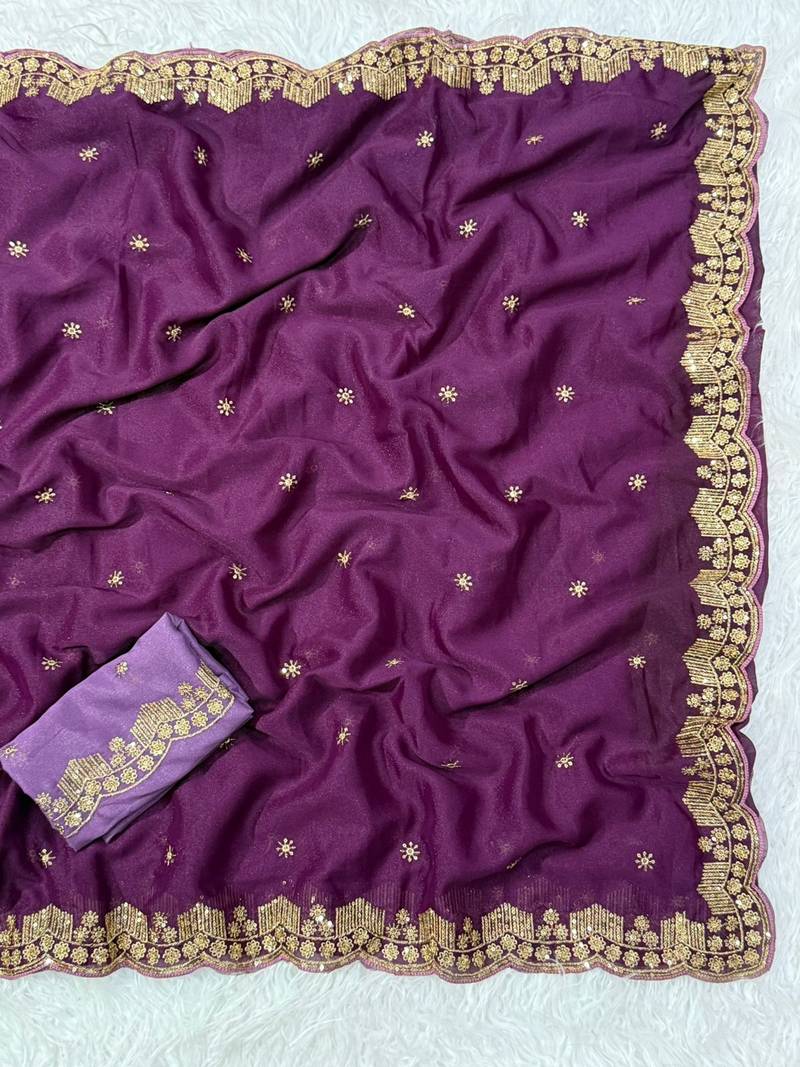 Plum Color  Embroidery Work Georgette Saree