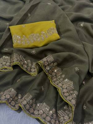mehendi georgette saree with fancy pallu embroidery 1